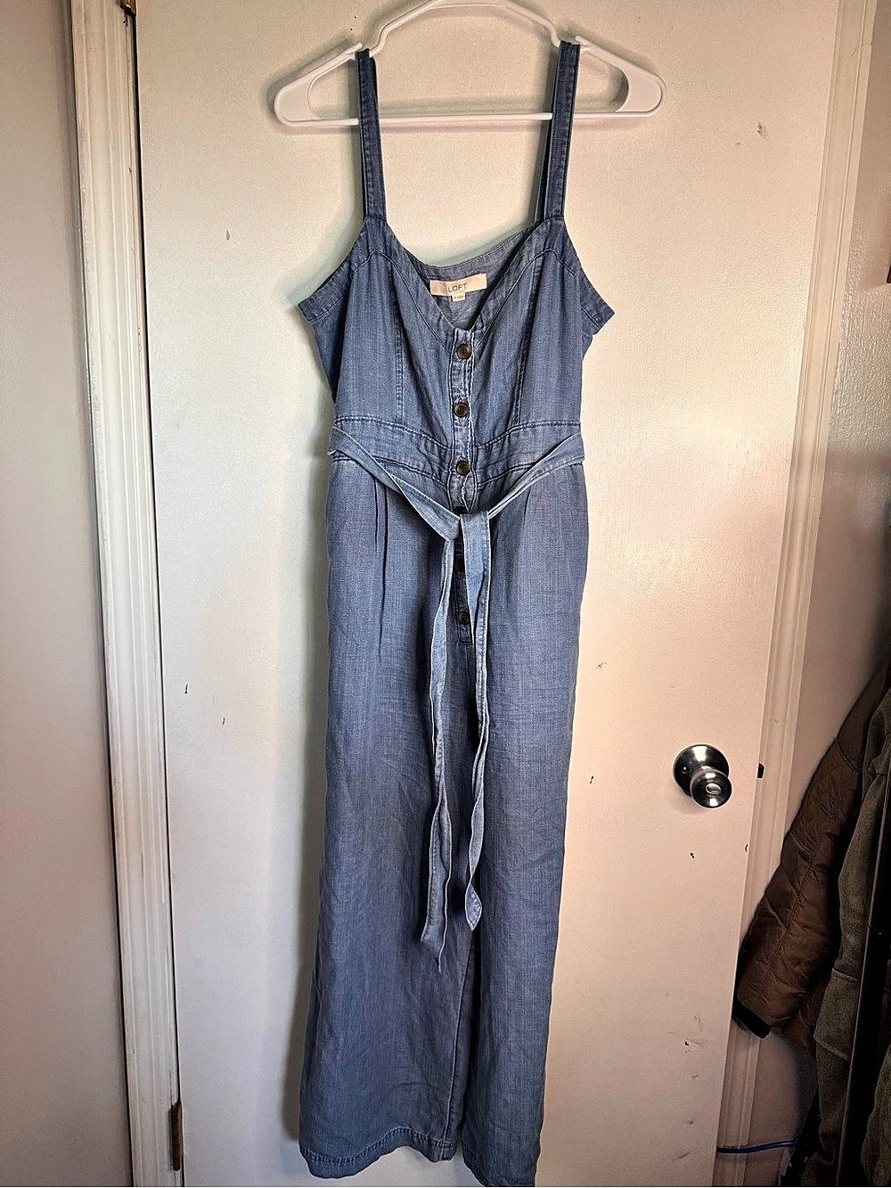 LOFT Lyocell Linen Blend Button Front Wide Leg Jumpsuit Size 8